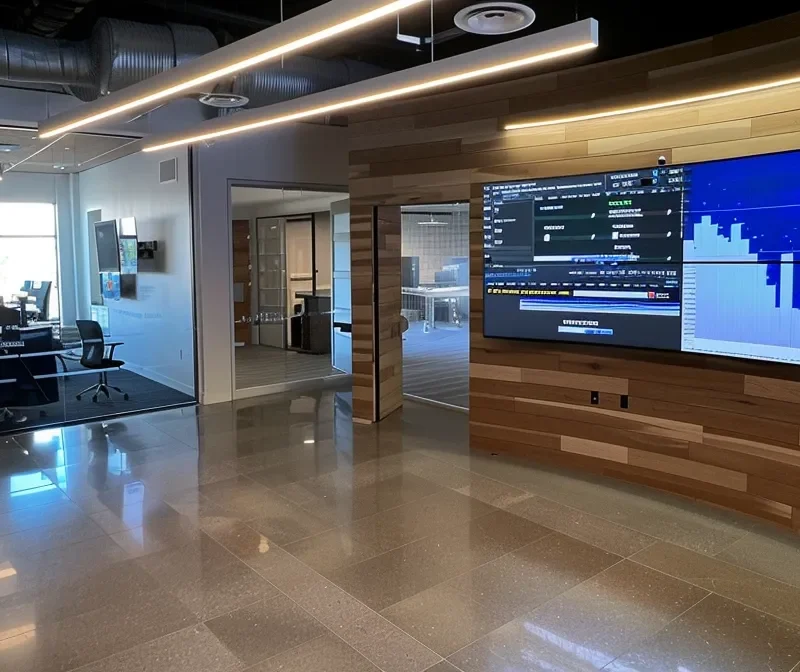 a sleek, modern office space with a large digital screen displaying real-time data analytics, showcasing how sem strategies propel a business forward.